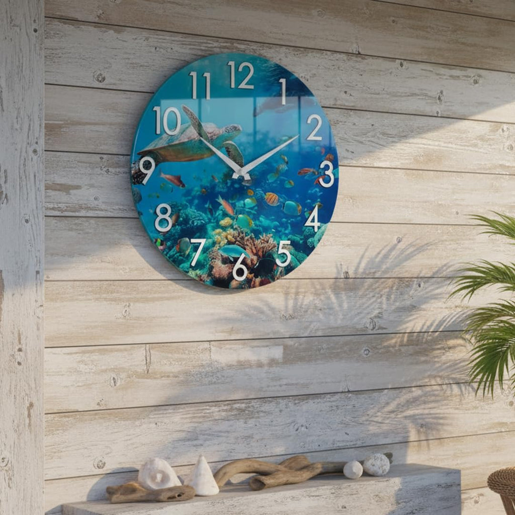 14 Inch Outdoor Clock - Waterproof Tempered Glass with Sea Turtle & Marine Life Theme, UV Resistant, Silent Nautical