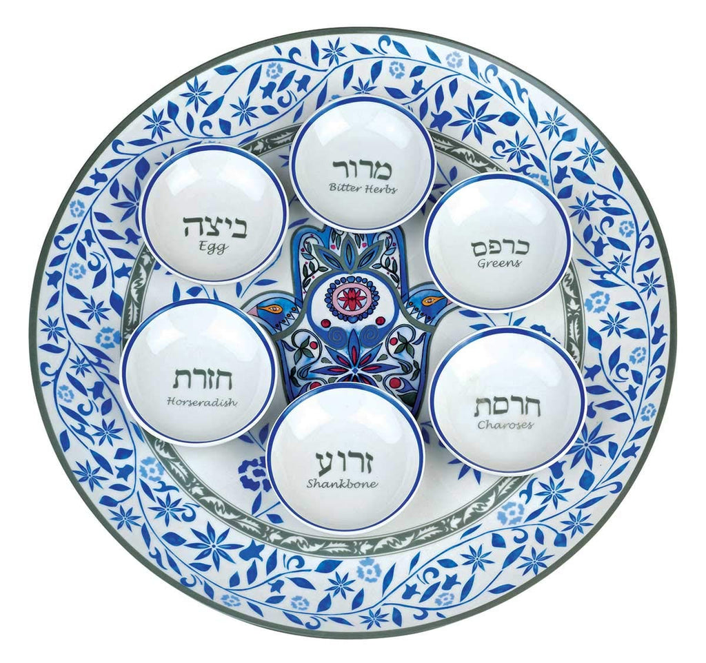 Artistic Passover Seder Dinnerware Set Floral Hamsa Design by Jessica Sporn - Quality Porcelain Round Seder Plate