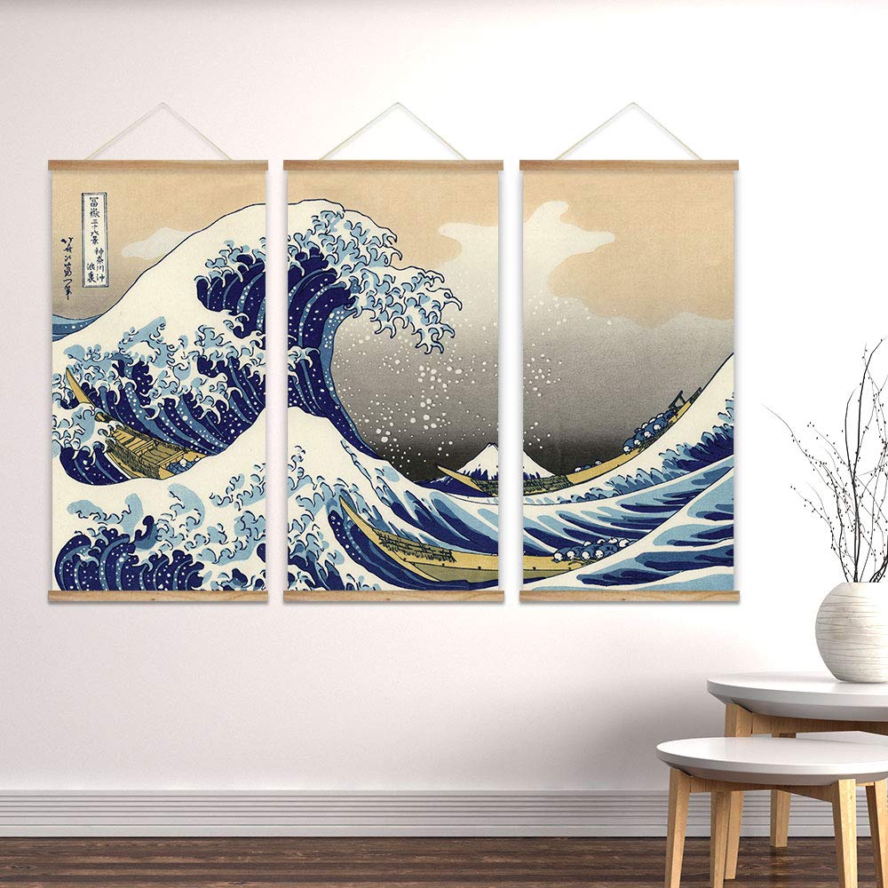 3 Panel Hanging Poster with Wood Frames - Japanese Traditional Art The Great Wave Off Kanagawa by Hokusai - Ready to