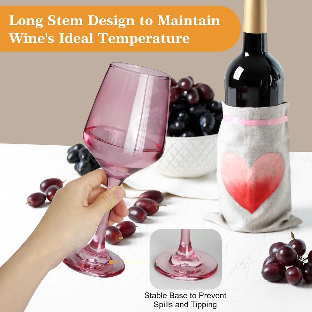 Pink Wine Glasses Set of 6, 12oz Stemmed Glasses, Thick & Colored, Dishwasher Safe Stemware for Red or White, Gift