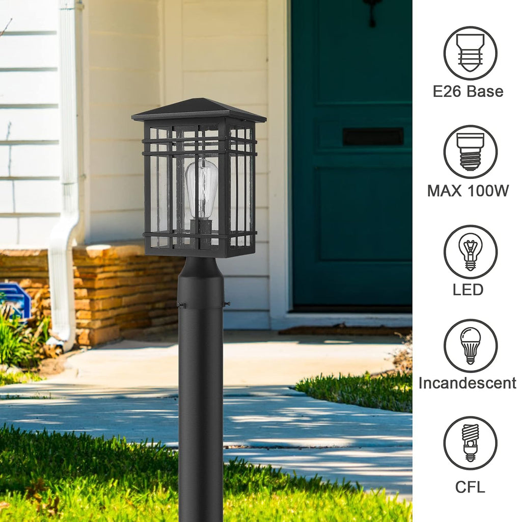 Outdoor Post Lights Fixture - Exterior Post Lantern with Seeded Glass in Black Finish - Pillar Light Ideal for Patio