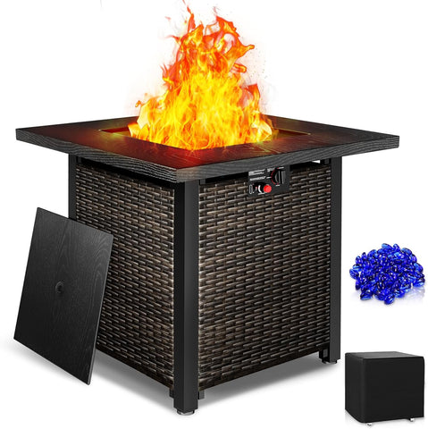 28” Outdoor Fire Pit Table 50,000 BTU, 2-in-1 Rattan Propane Firepit Table with Glass Stones & Lid, Square Fire Table for Patio, Backyard, Deck, or