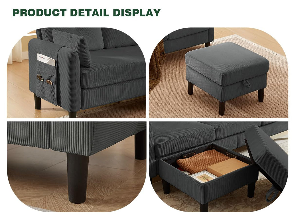 Modern Sectional Sofa with Storage Ottoman, L-Shaped 3-Seat Couch with 2 Pillows and Side Storage Pockage, Reversible