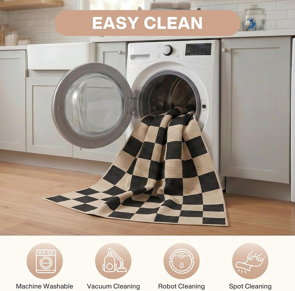 Black Checkered Washable Area Rugs Bedroom