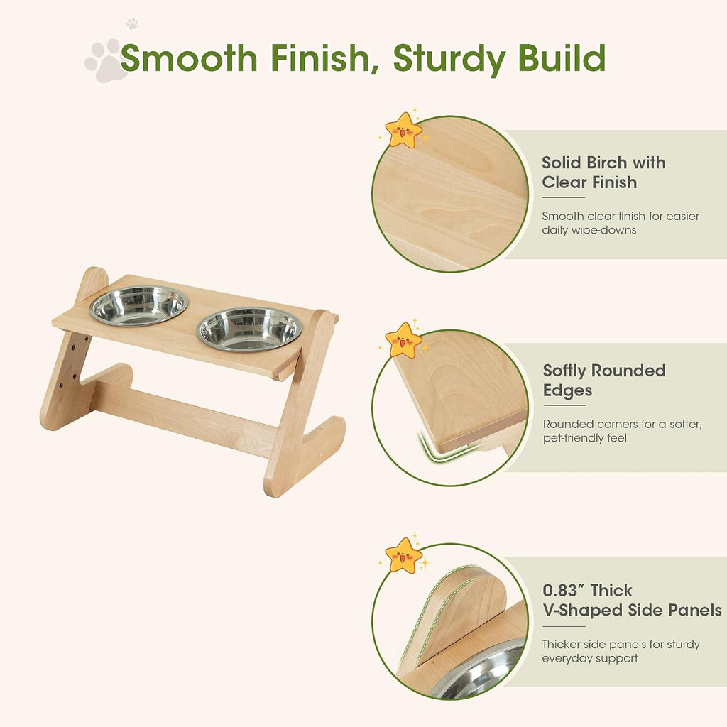 Solid Birch Wood Elevated Dog Bowl Stand for Large & Medium Dogs