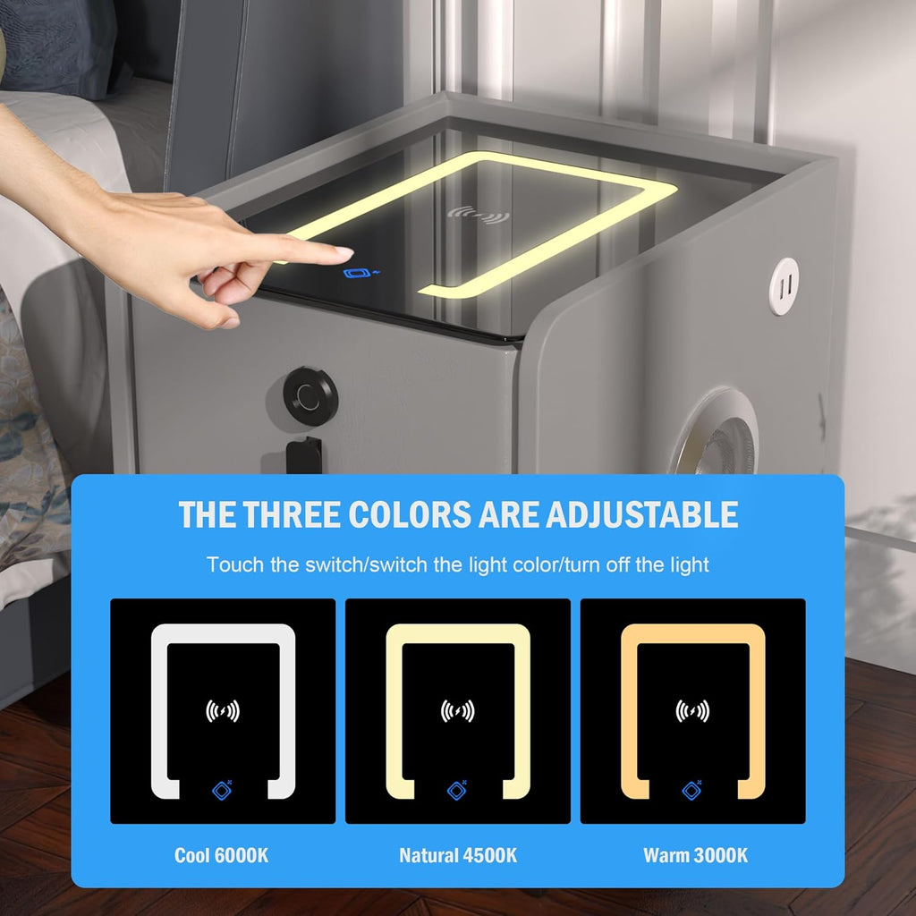 Grey Night Stand with Wireless Charging Station, Nightstand with 2 Drawers, Smart Bedside Table with 3 Lighting and