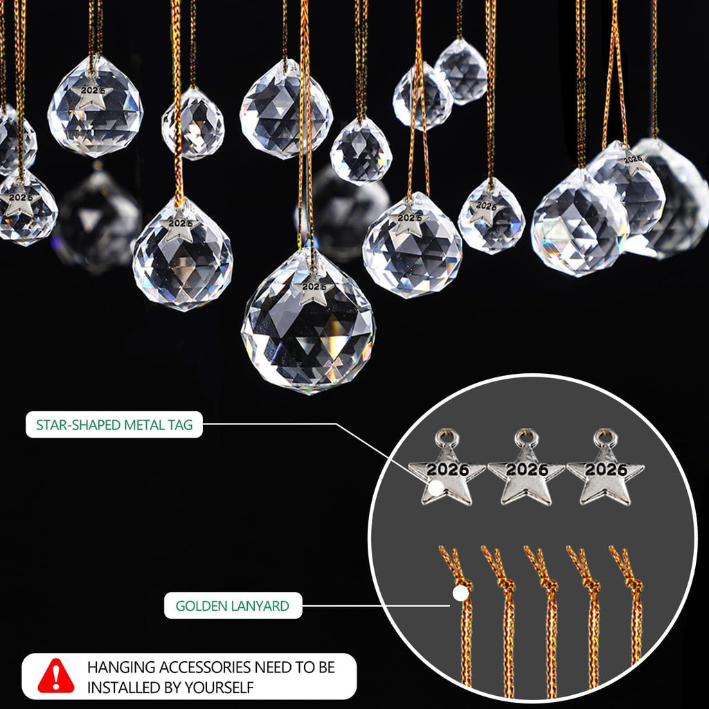 10Pcs 40mm Crystal Ball Prisms Clear Hanging Crystals - with 2026 Star Charms, Chandelier Crystals Replacement