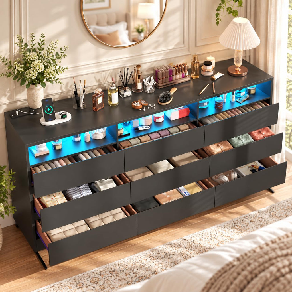 9 Drawer Black Dresser with LED Lights & Power Outlet