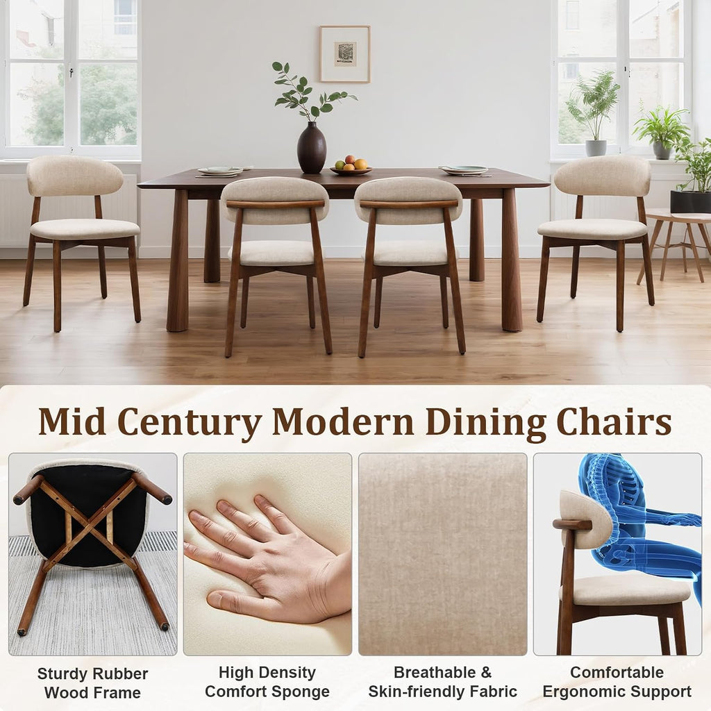Farmhouse Dining Chairs Set of 4, Mid Century Modern Fabric Upholstered Kitchen Chairs, Wooden Dining Room Chair with