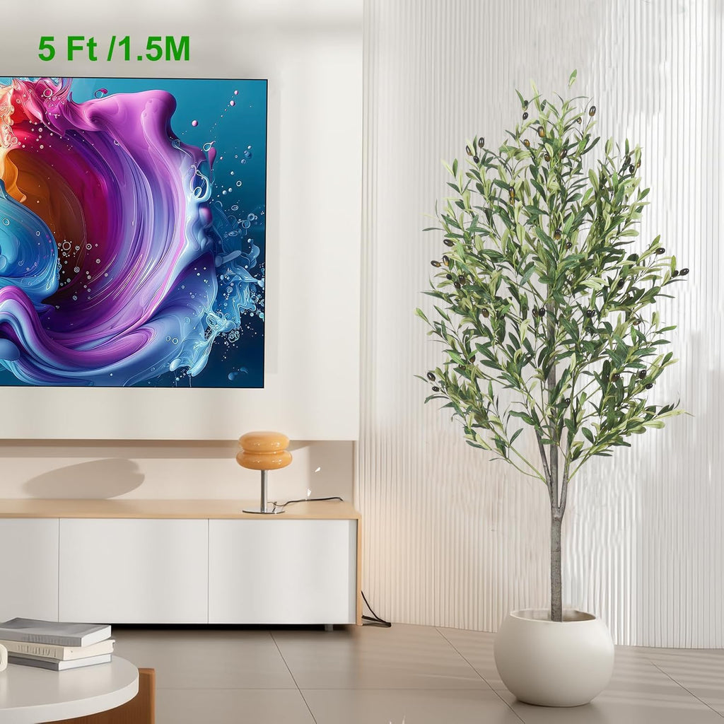 5-Foot Artificial Olive Tree, Indoor Artificial Plant, with Natural Trunk and Realistic Leaves and Fruits, Used