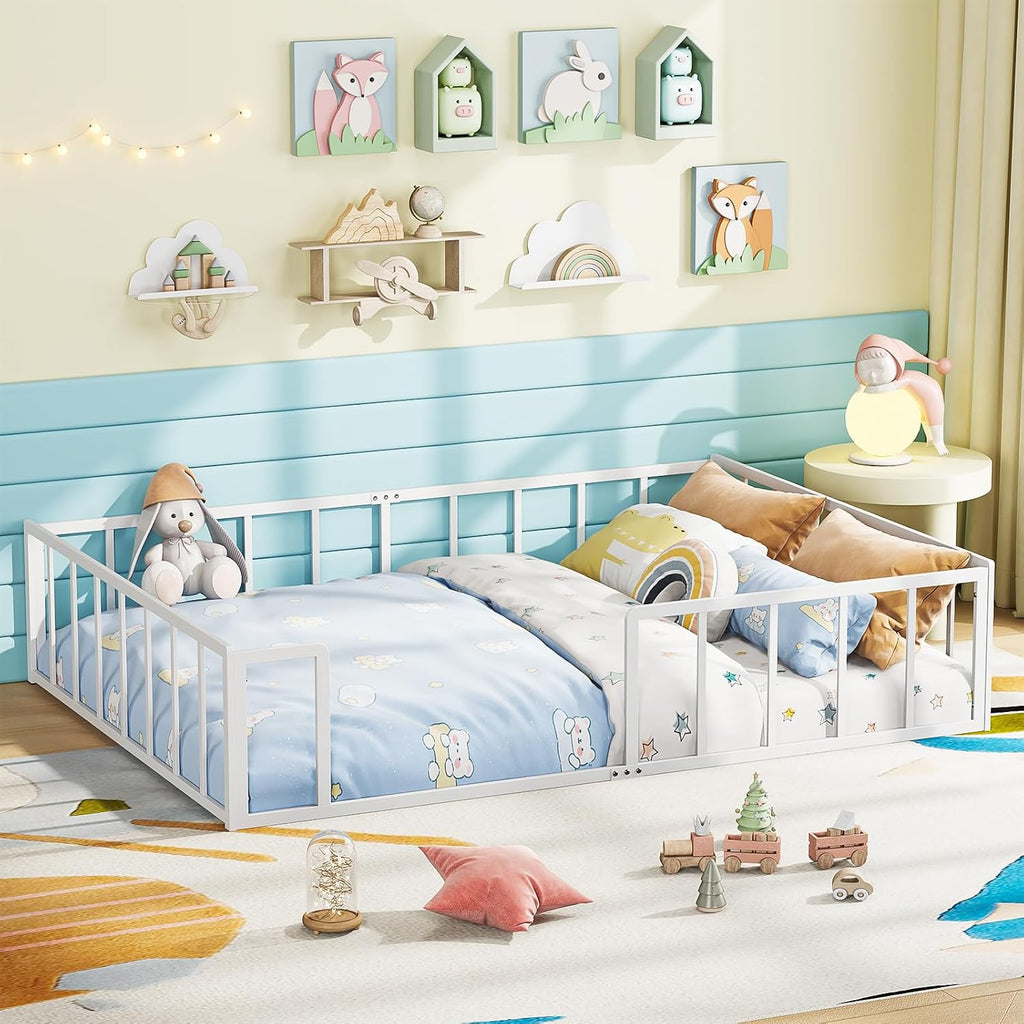 Full Floor Bed for Kids Metal Montessori Bed Frame Playroom Bedroom | Features a slatless, 360° fully enclosed metal