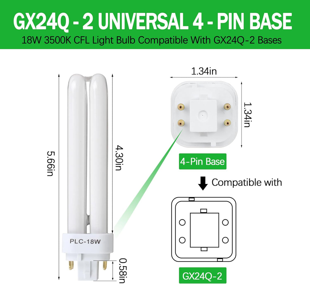 CFL Light Bulbs for Panasonic, 4 Pin G24q-2 Base 18W 3500K