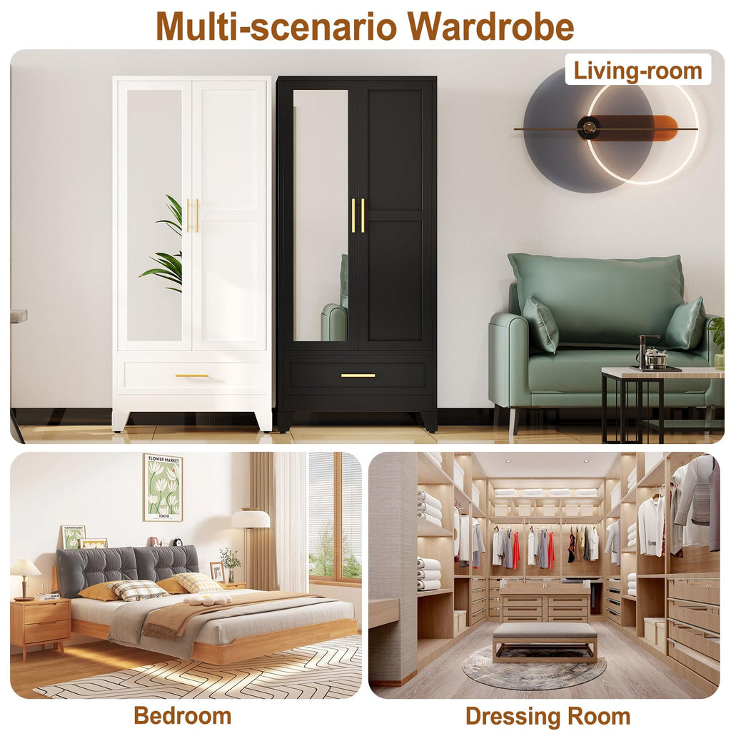 Metal Armoire Wardrobe Closet Storage Cabinet with Mirror Black, 71'' Wardrobe Cabinet with Hanging Rod Metal Closet