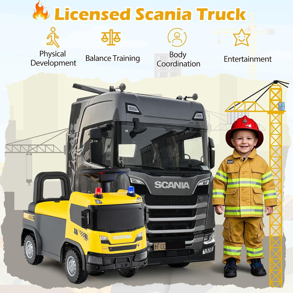 Ride On Construction Vehicle for Kids, Licensed Scania Push Car, Light & Sound, Under-Seat Storage, No Power