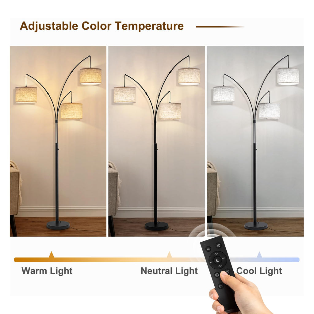 3 Light Arc Floor Lamp with Remote, Beige Shade Black Pole