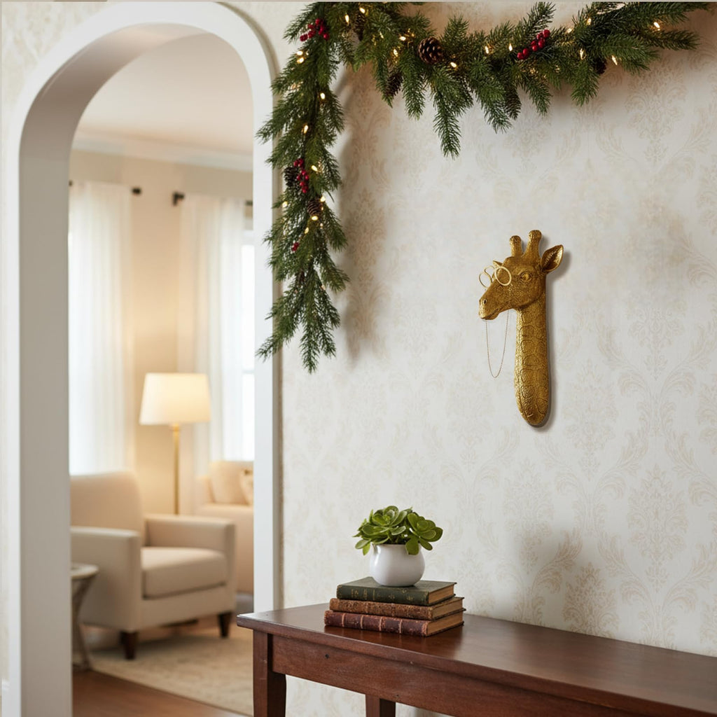 Decorative Gold Giraffe Head Wall Mount with Glasses, Resin Material, 11.42 x 5.71 x 4.33 Inches, Modern Safari Wall