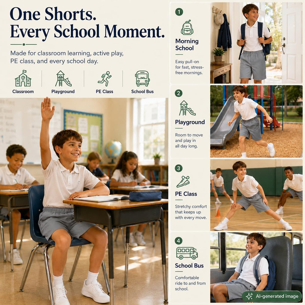 Boys Elastic Waist Shorts: Cotton Casual School Uniform