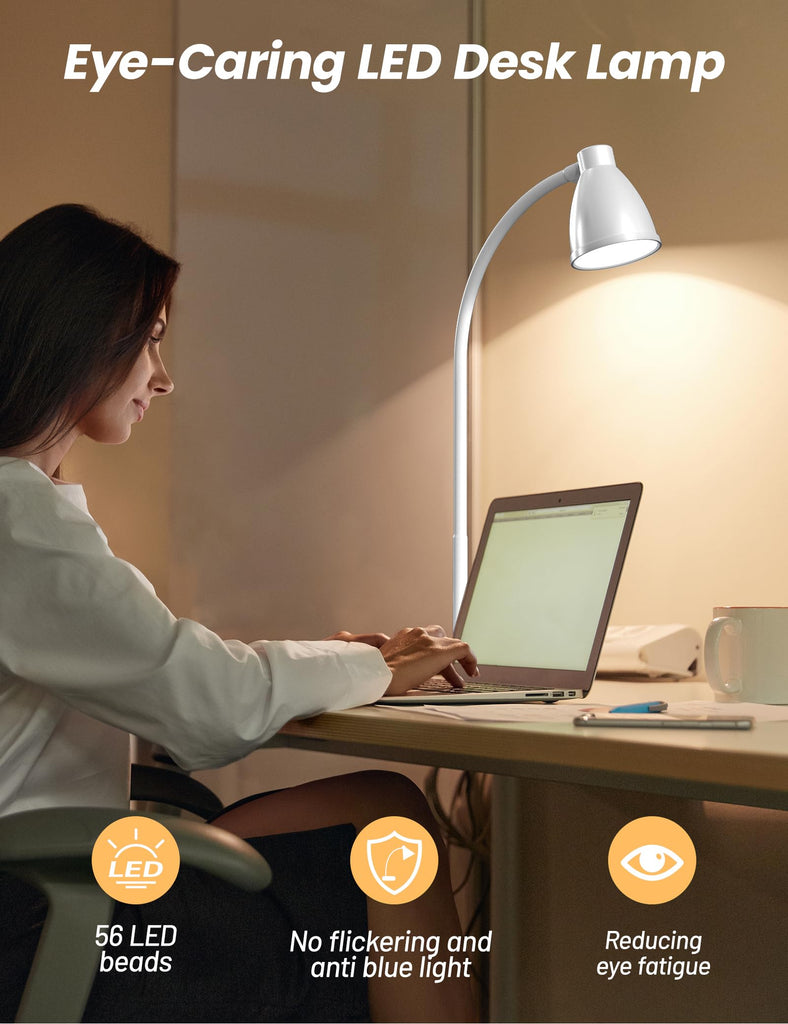 LED Desk Lamp with USB Charging Port, 3 Color Modes Dimmable, White