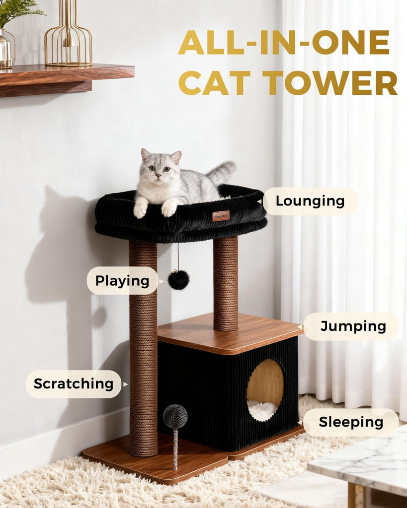 29" Small Cat Tree, Boho Wood Cat Tower with Sisal Scratching Post