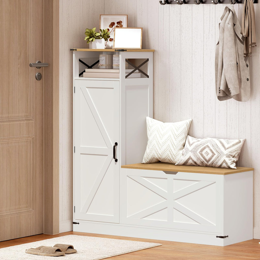 Shoe Cabinet with Bench, L-Shaped Shoe Bench, Storage Bench, Farmhouse Shoe Storage Cabinet with Adjustable Shelves