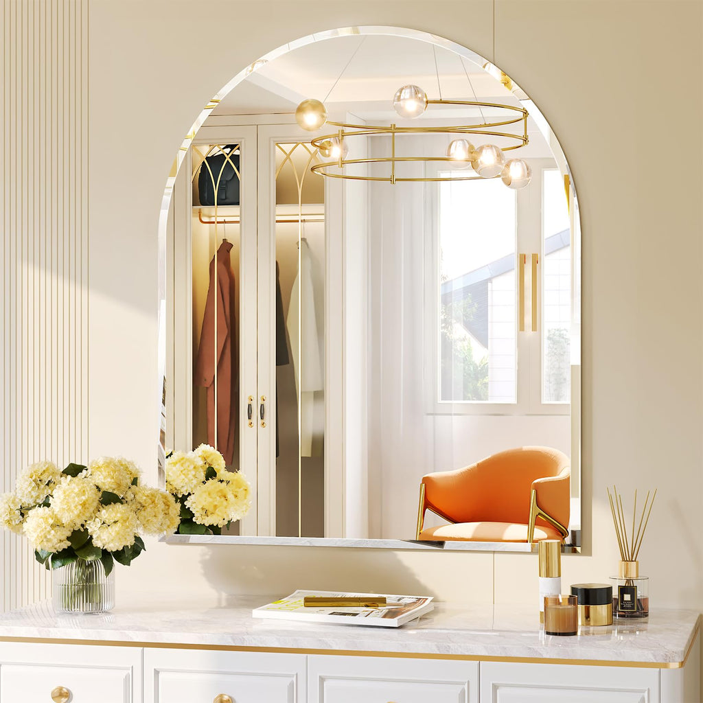 Frameless Bathroom Mirror, 30" x 36" Arched Vanity Mirror for wall Beveled, Arch Wall Mounted Mirror for Over Sink