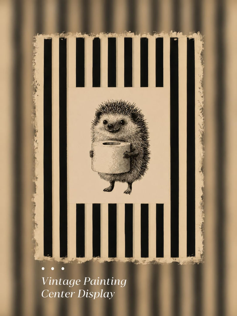 Gold Framed Wall Art, Funny Bathroom Hedgehog Canvas Prints, Vintage Hedgehog Holding Toilet Roll Picture Wall Decor
