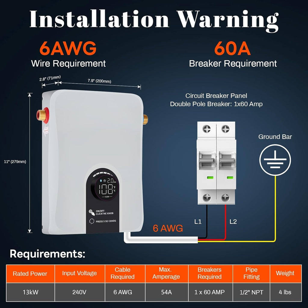 Electric Tankless Water Heater, 13kW 240V on Demand Instant Endless Electric Hot Water Heater for Residential Whole