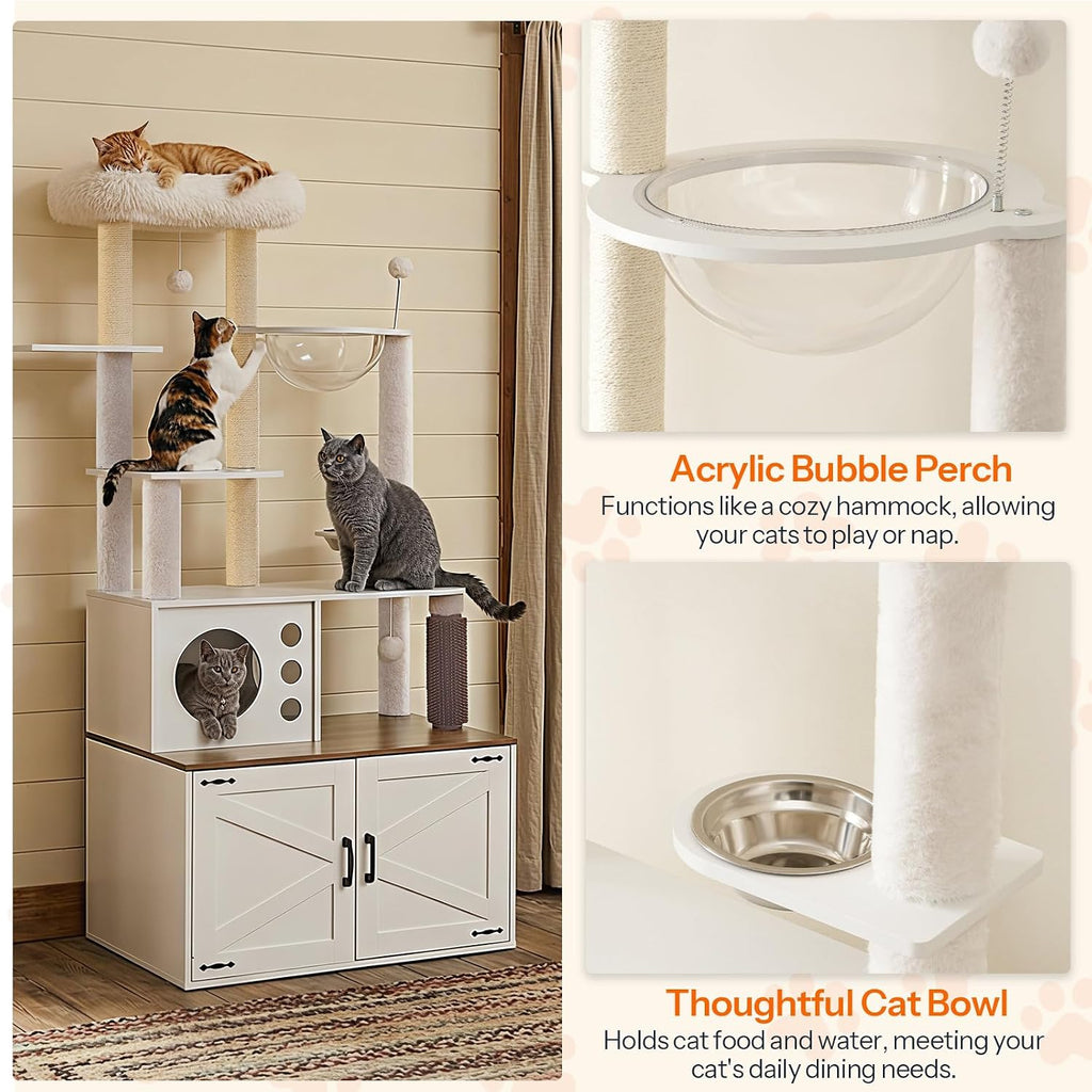 Cat Tree with Litter Box Enclosure, 65.7'' Modern Cat Tower, 2-in-1 Cat Furniture with Cat Condo, Food Station