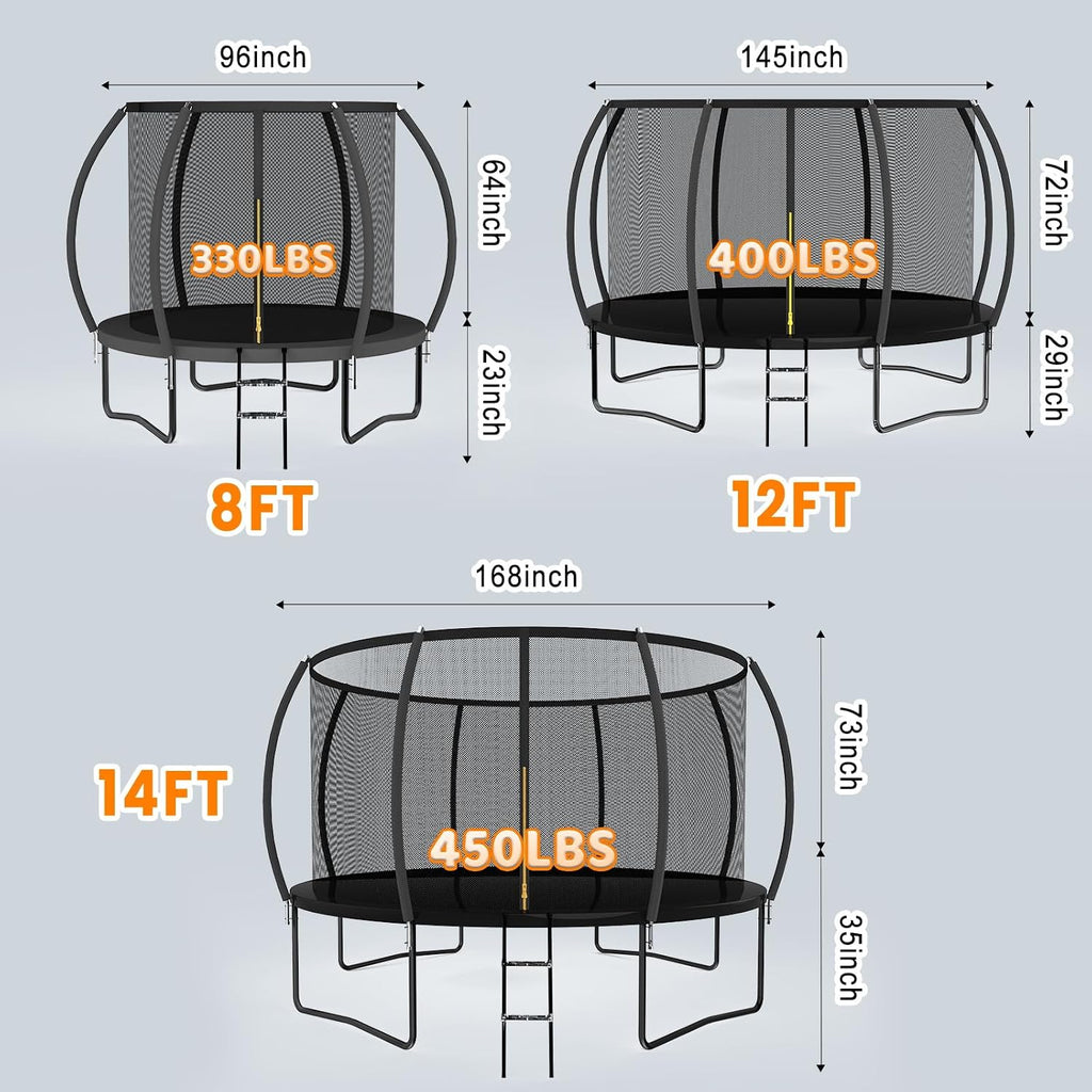 Trampoline Ø 244/370/427cm with All Parts, Pumpkin Design, Stable Frame Construction, Outdoor Trampoline with