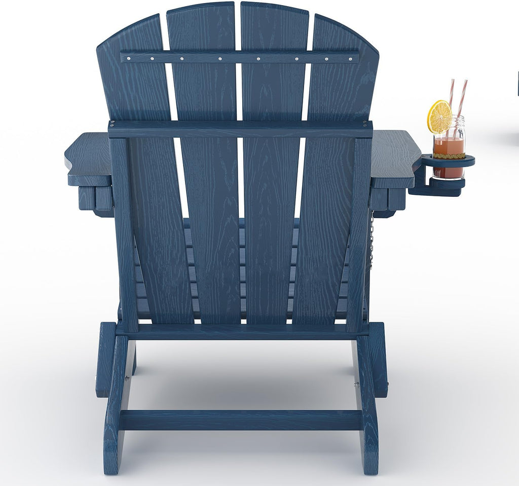 HDPE Folding Adirondack Chair Set of 2 with Side Table, Navy Blue | All-Weather Resistant & Wood Textured & Cup