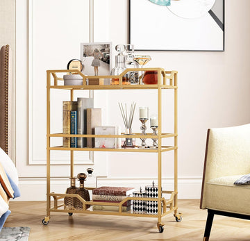 Square Gold Bar Carts with 3 Tier Storage Glass Shelves Holder Home Serving Bar Carts on Wheels , Bar, Dinning Room