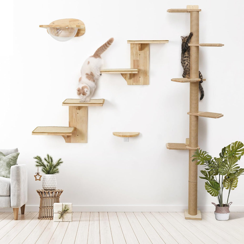 Cat Wall Shelves, 2 Platform Kitten Wall Furniture, Tree Shape Wall-Mounted Floating Shelf with Sisal Mat, Solid