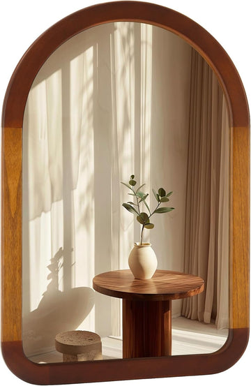 Arched Mirror 24 x 36 Inch,Brown Wood Rustic Bathroom Tempered Wall Mirror with Wood Frame,Round Corner Arch Farmhouse