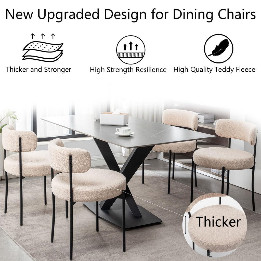 Boucle Set of 2, Upholstered Dining Room Chairs with Black Metal Legs, Round Modern Dining Chair (Beige)