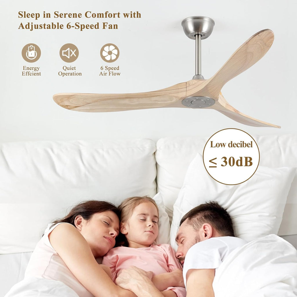 Inspired Maverick Style 52" Modern Ceiling Fan, No Light, 6-Speed, Reversible, Timed Shutdown, DC Motor, Natural Wood 3 Blade, Porch, Bedroom, Living Room A101-B0C7L4CS79