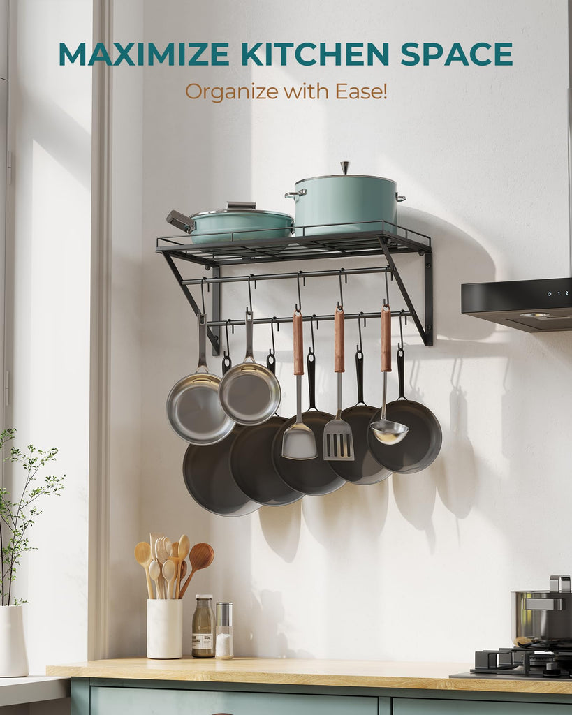23" Pot Rack Wall Mounted, Pot Organizer with 2 Tier Hanging Rails