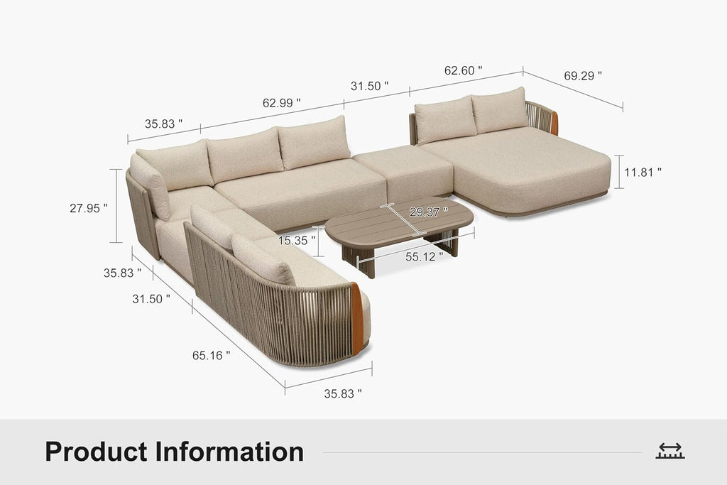 Patio Furniture Set 7-Piece Teak Conversation Sets L-Shaped | Indoor-Level Comfort, 11.81" High-Resilience Foam