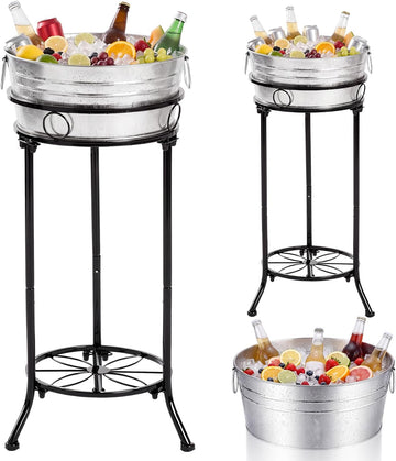 Galvanized Beverage Tub with Stand Champagne Ice Bucket Stand, 1 Set