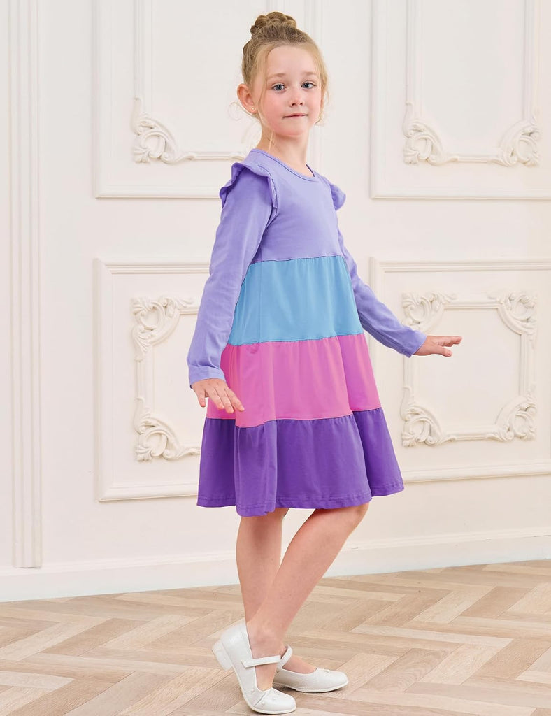 Girl's Dresses Cotton Ruffle Sleeve Tiered Swing A-Line Cute Midi Casual Sundress