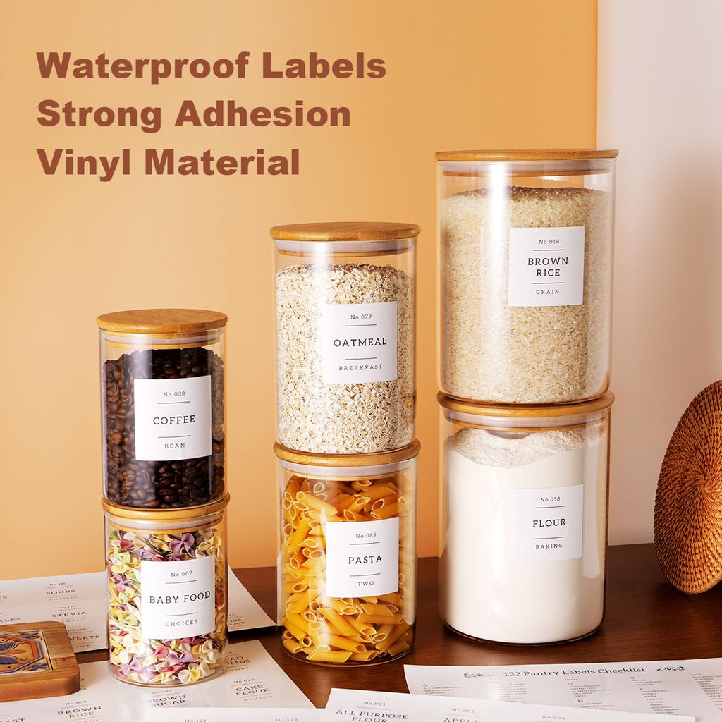 Set of 6 Glass Flour and Sugar jars with 132 Kitchen Pantry Labels - Thicken Large Glass Storage containers
