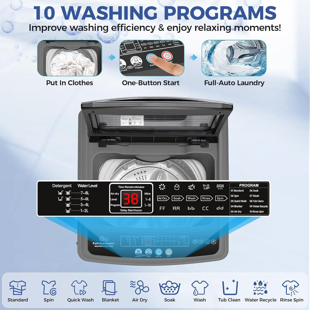 Portable Washing Machine, 20Lbs Capacity Portable Washer Machine, 2.8Cu.ft Washer and Dryer Combo with 10 Programs 8