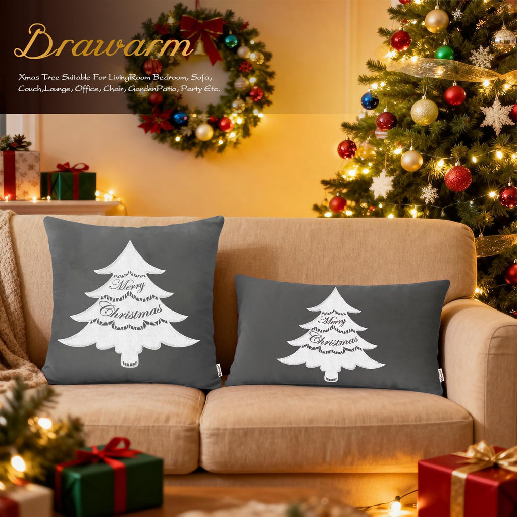 Christmas Tree Pillow Cover 18x18 Gray Velvet Embroidered