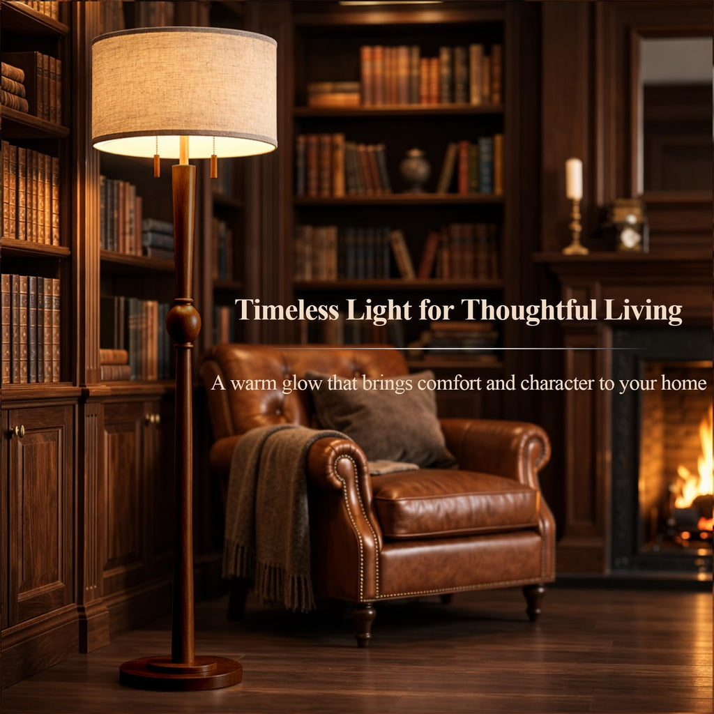 Solid Wood Floor Lamp with Wooden Pull Chains