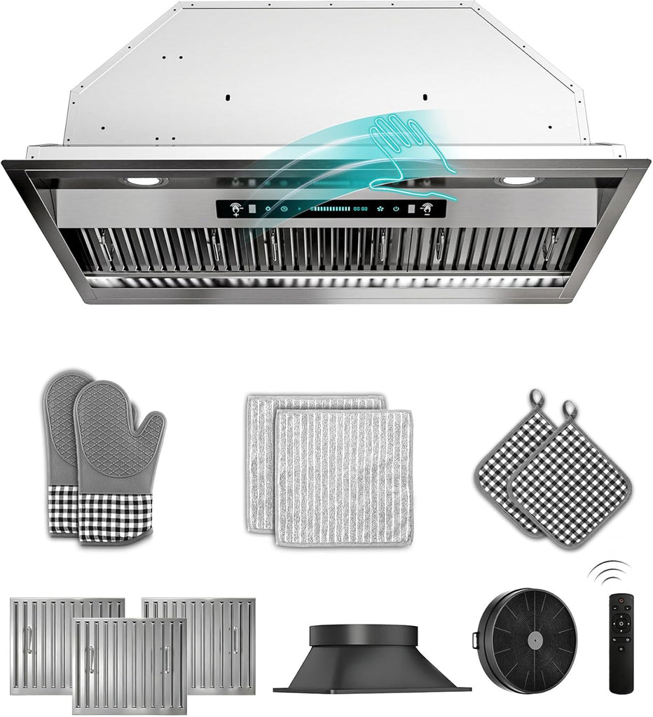 36 Inch Stainless Steel Wall Mount Range Hood 900 CFM Ultra-Quiet 4 Speed Touch & Remote Control, LED Lights Convertible Ducted/Ductless