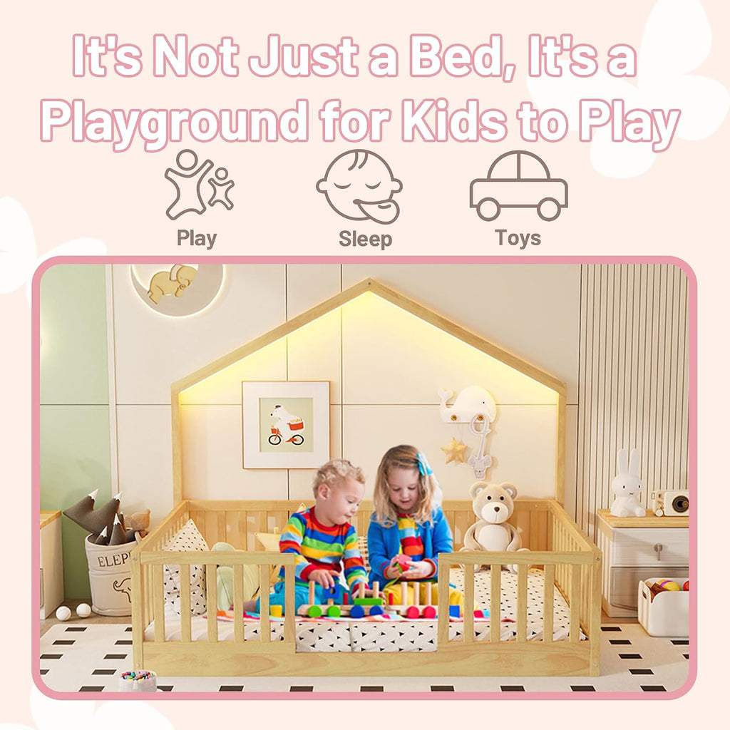 Montessori House Floor Bed with High Rails and LED Light, Natural