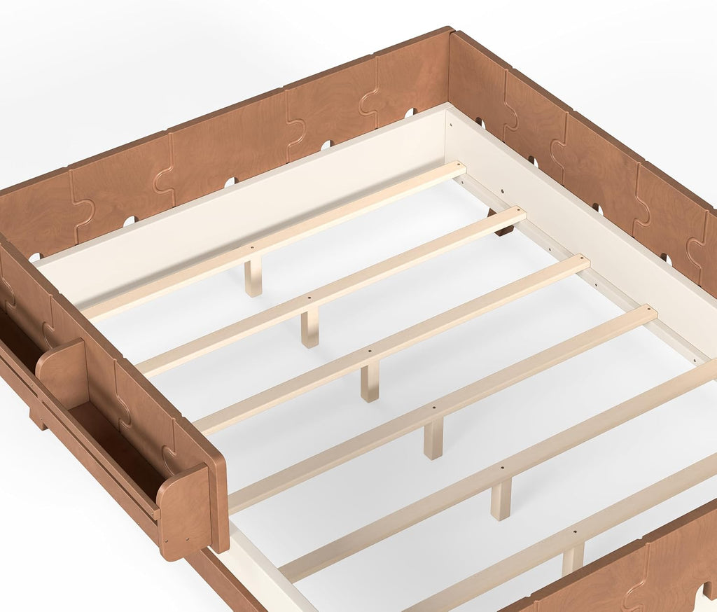 Montessori Floor Bed with high 15.4' Rails, Wood Floor Bed with slats and a Bookshelf, Beige & Deep Natural
