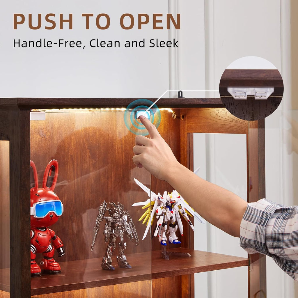 Farmhouse Glass Display Cabinet with Lock, Walnut | Wooden Curio Cabinets with Glass Doors, 3-Color Motion-Sensor