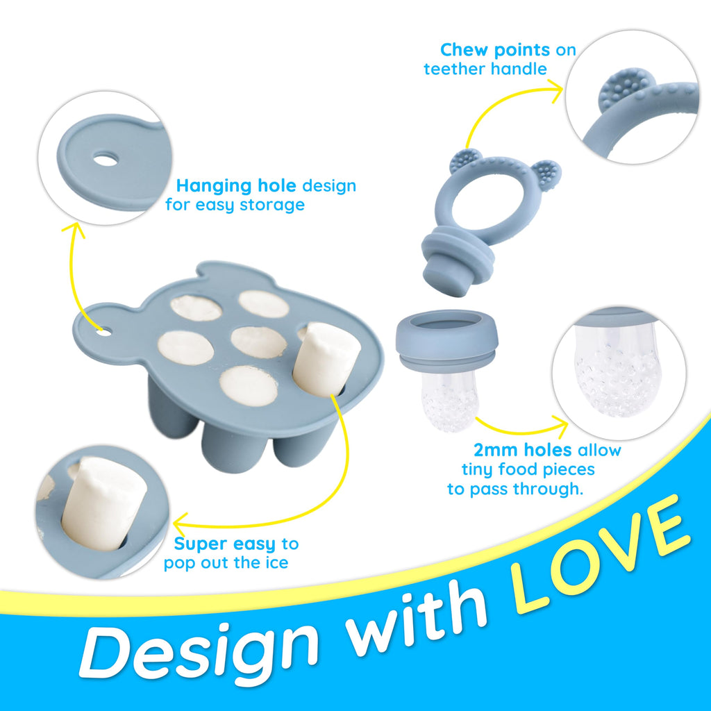 Baby Food Feeder & Freezer Tray Set, Self Feeding Teething Toy, Breast Milk Popsicle Mold, BPA Free for 3+ Months