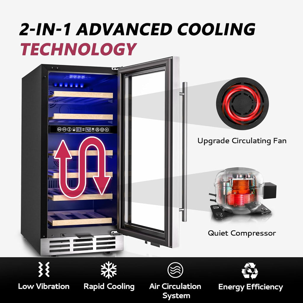 15 Inch Dual Zone Wine Fridge, 30 Bottles Under Counter Wine Cooler Refrigerator