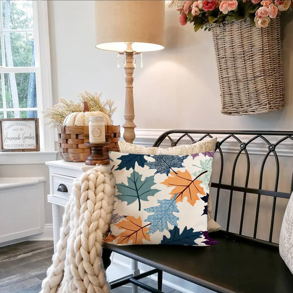 Fall Pillow Covers 20x20 Set of 2, Blue Maple Leaves Outdoor Thanksgiving